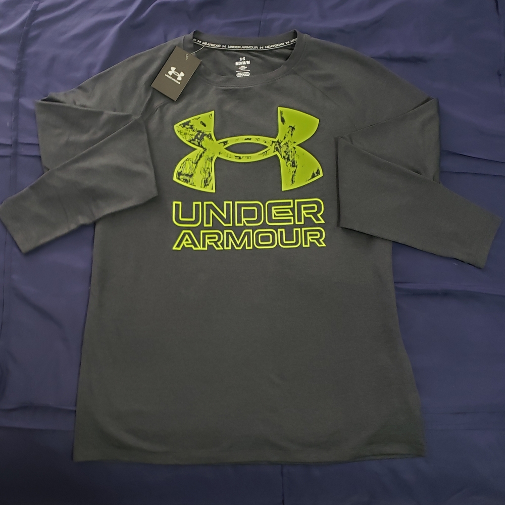 Under Armour Men's Dark Gray Shirt with Bright Green Logo